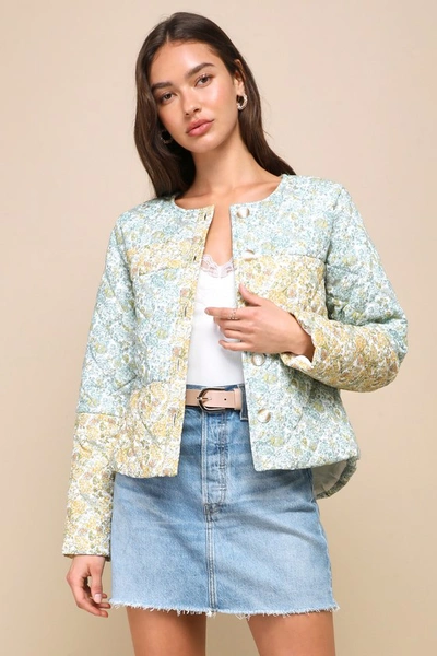 Lulus Warmest Darling Blue And Yellow Floral Print Quilted Jacket In Blue And Yellow