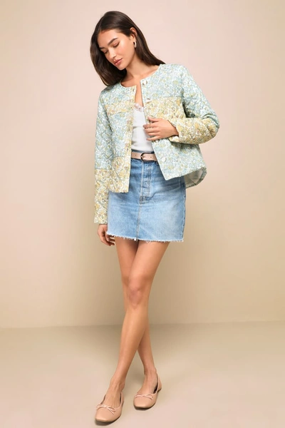 Lulus Warmest Darling Blue And Yellow Floral Print Quilted Jacket In Blue And Yellow