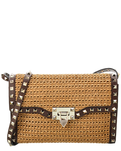 Shop Valentino Rockstud Small Raffia & Leather Shoulder Bag In Brown