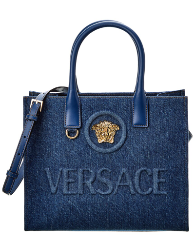 Shop Versace La Medusa Small Denim & Leather Tote In Blue