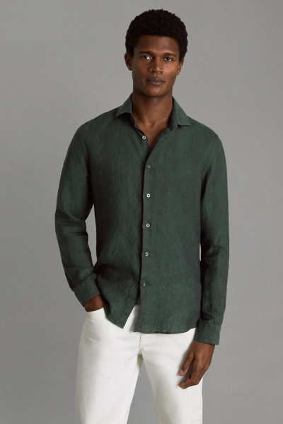 Shop Reiss Ruban - Dark Green Linen Button-through Shirt, M