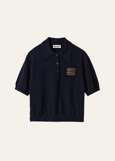 Shop Miu Miu Logo Patch Polo Cashmere Shirt In F0008 Bleu