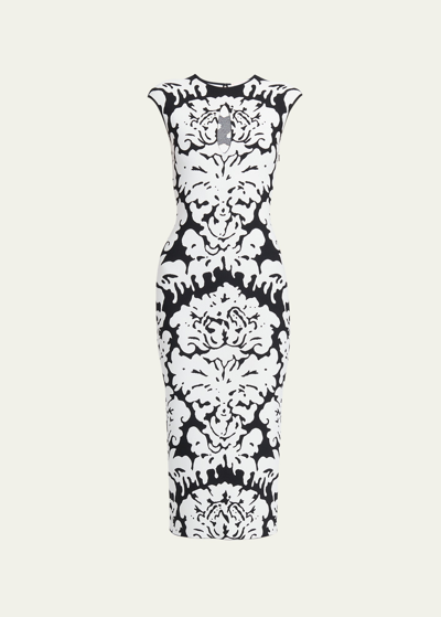 Shop Alexander Mcqueen Damask Print Knit Midi Dress In Ivory Mult