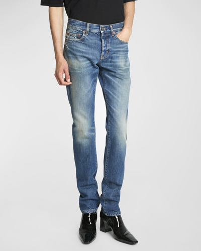 Shop Saint Laurent Men's Slim-fit Faded Jeans In Spina