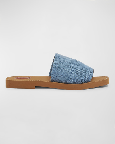 Shop Chloé X High Summer Woody Embroidered Logo Flat Sandals In Washed Blue