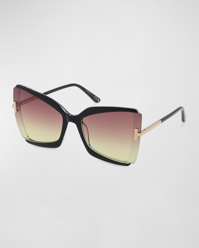 Shop Tom Ford Gia Semi-rimmed Acetate Butterfly Sunglasses In Black