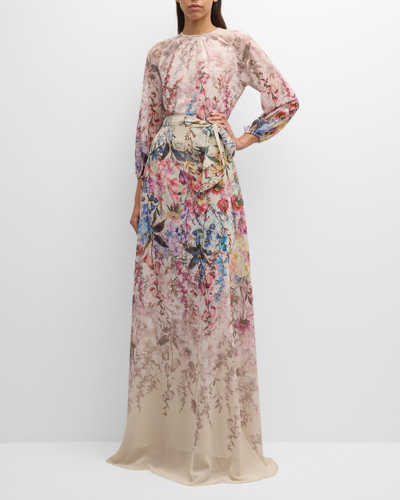 Shop Rickie Freeman For Teri Jon Blouson-sleeve Floral-print Chiffon Gown In Ivory Mult