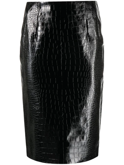 Shop Versace Leather Crocodile Print Midi Pencil Skirt In Black