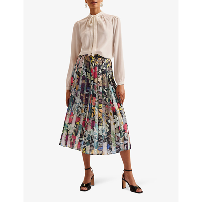Shop Ted Baker Womens Black Cornina Spliced Floral-print Woven Midi Skirt
