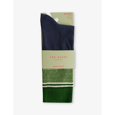 Shop Ted Baker Men's Dk-green Sokksix Stripe-pattern Stretch Cotton-blend Socks