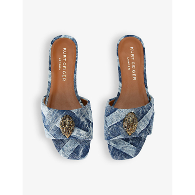 Kurt Geiger Women's Kensington Square Toe Crystal Eagle Head Blue Slide Sandals In Denim