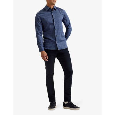 Shop Ted Baker Men's Navy Endover Geometric-print Slim-fit Stretch-woven Shirt