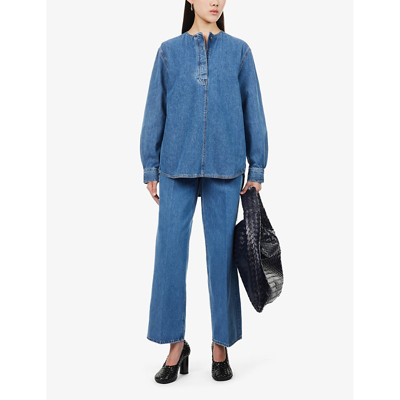 Shop Totême Long-sleeve Round-neck Denim Shirt In Vibrant Blue