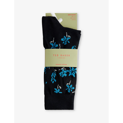 Shop Ted Baker Mens Blue Sokkten Floral-pattern Stretch-knit Socks