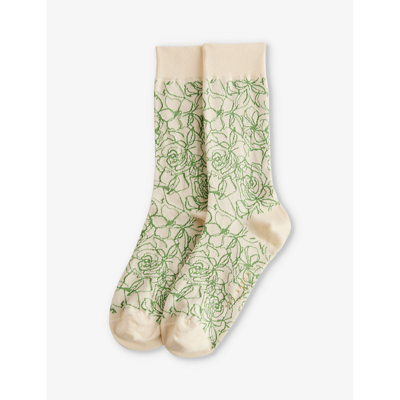Shop Ted Baker Sokktwl Floral-pattern Stretch-knit Socks In Cream