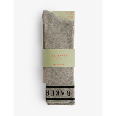 Shop Ted Baker Men's Grey-marl Sokkbbb Logo-pattern Stretch-knit Socks