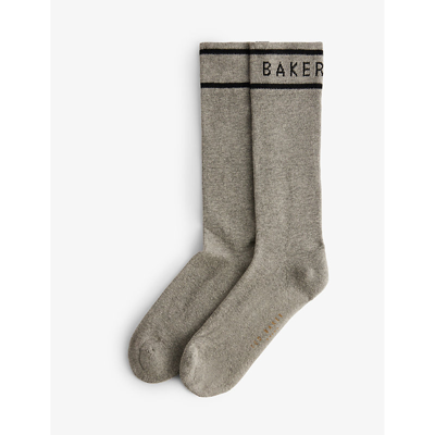 Shop Ted Baker Men's Grey-marl Sokkbbb Logo-pattern Stretch-knit Socks