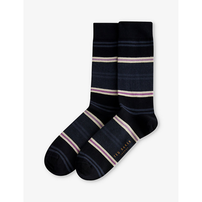 Shop Ted Baker Mens Navy Sokksix Stripe-pattern Stretch Cotton-blend Socks