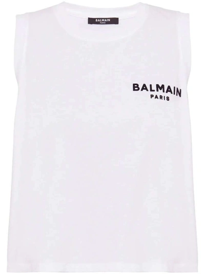 Shop Balmain Logo-flocked Cotton Top In White