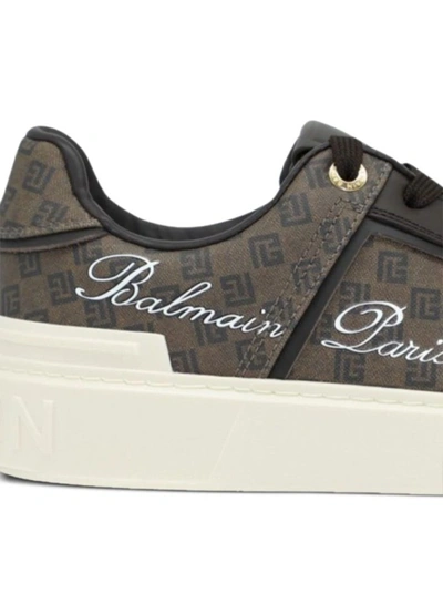 Shop Balmain Brown B-court Pb Monogram Sneakers In Grey