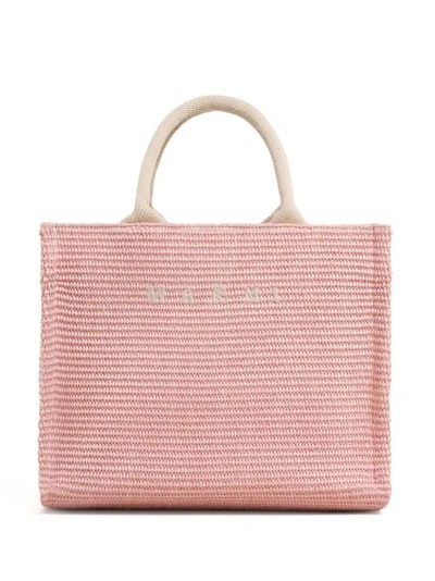 Shop Marni Light Pink Small Raffia Tote Bag