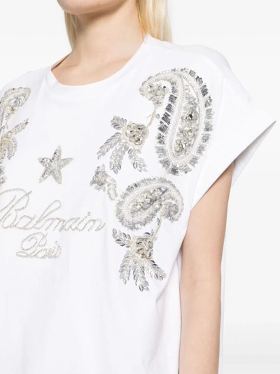 Shop Balmain White Crystal-embellished T-shirt