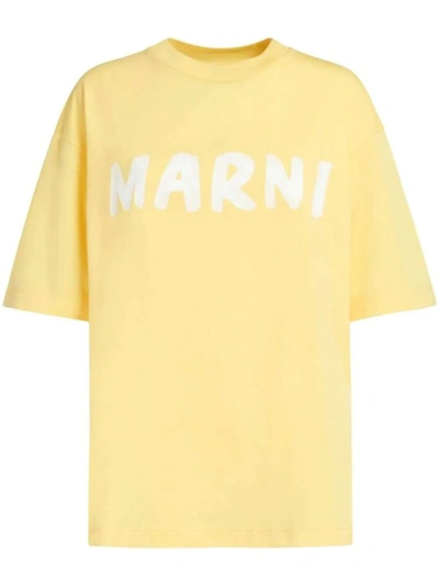 Shop Marni Light Yellow Logo-print Cotton T-shirt In Neutrals