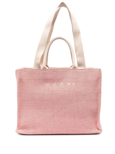 Shop Marni Coral Pink Logo-embroidered Raffia Tote Bag