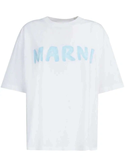 Shop Marni Light Blue Logo-stamp Cotton T-shirt In White