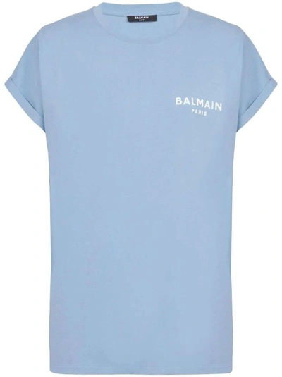 Shop Balmain Sky Blue Logo-flocked Cotton T-shirt