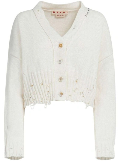 Shop Marni Logo-embroidered Distressed Cardigan In White