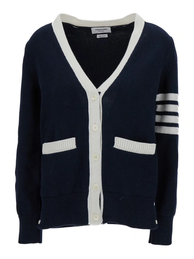 Shop Thom Browne 'hector Icon' Blue Cardigan With Jacquard Motif And 4bar Detail In Cotton Woman
