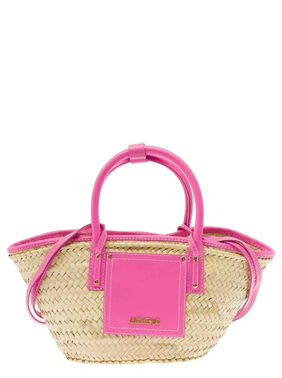 Shop Jacquemus 'le Panier Soli' Beige And Pink Tote Bag With Patch Pocket And Logo In Straw And Leather Woman