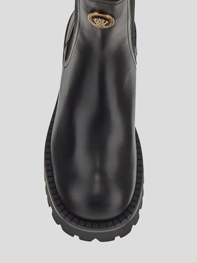Versace La Medusa Embossed Logo Black Leather Boots In Black- Gold