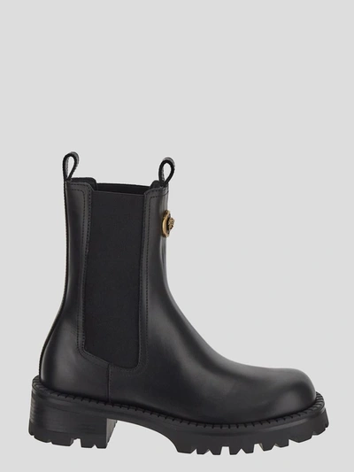 Versace La Medusa Embossed Logo Black Leather Boots In Black- Gold