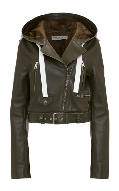 Shop Jw Anderson Hooded Leather Moto Jacket In Green