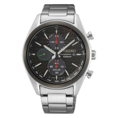Pre-owned Seiko Men's Watch Chronograph Solar Powered Black Dial Steel Bracelet Ssc803