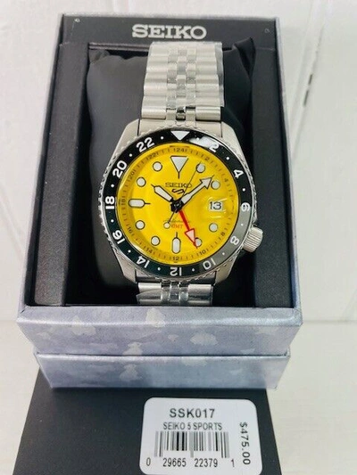 Pre-owned Seiko 5 Ssk017 Gmt Steel Case/bracelet Yellow Dial Date Automaticsport Watch$475
