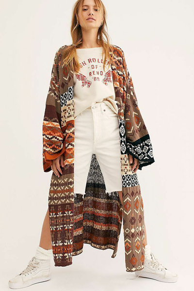Pre-owned Free People Xs Or Small Fall Boho Cardi Maxi Landmark Cardigan In Multicolor