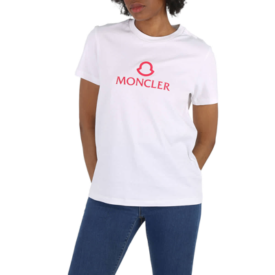 Pre-owned Moncler Ladies White Logo Print Short Sleeve Cotton T-shirt