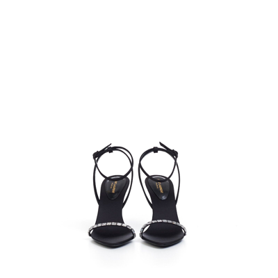 Pre-owned Saint Laurent 1095$ Gloria High Heels Sandals Crepe Satin With Rhinestones In Black