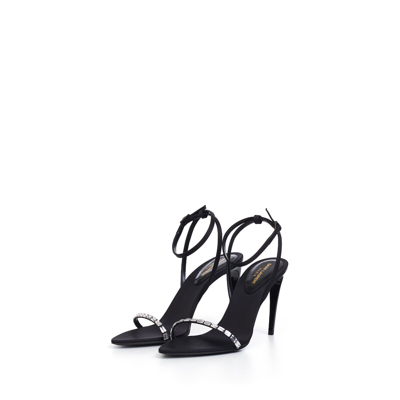 Pre-owned Saint Laurent 1095$ Gloria High Heels Sandals Crepe Satin With Rhinestones In Black