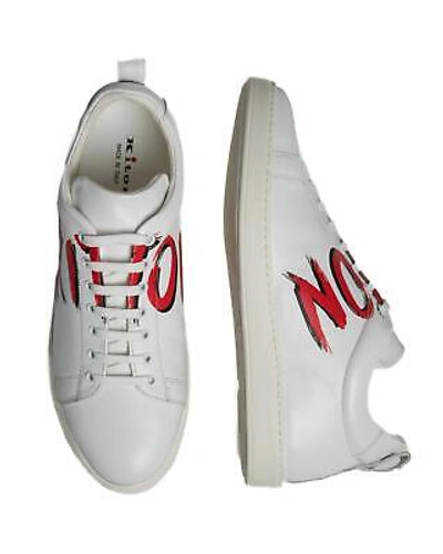 Pre-owned Kiton $1,470 White Calfskin Caiman Leather Sneakers Shoes (10 Eu) 11 Us In White & Red