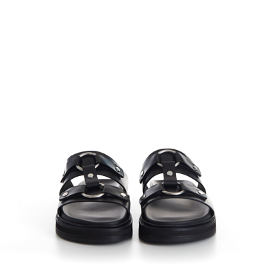 Pre-owned Celine 1050$ Tippi Slide Sandals - Black Leather, Metal Ring/studs