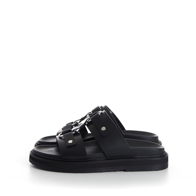 Pre-owned Celine 1050$ Tippi Slide Sandals - Black Leather, Metal Ring/studs