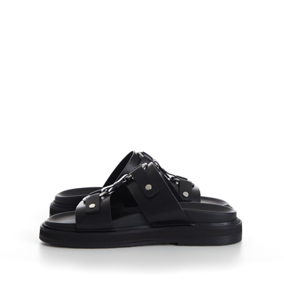 Pre-owned Celine 1050$ Tippi Slide Sandals - Black Leather, Metal Ring/studs