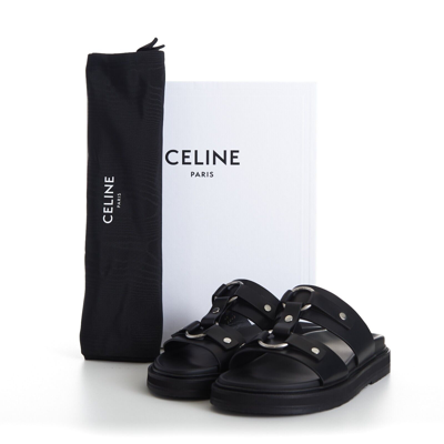 Pre-owned Celine 1050$ Tippi Slide Sandals - Black Leather, Metal Ring/studs