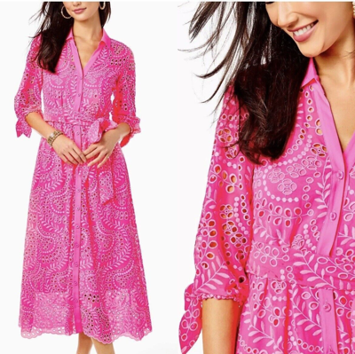 Pre-owned Lilly Pulitzer $348  Amrita Midi Dress Pink Isle Swirly Scalloped Eyelet 2 4