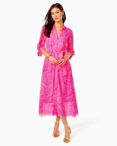 Pre-owned Lilly Pulitzer $348  Amrita Midi Dress Pink Isle Swirly Scalloped Eyelet 2 4