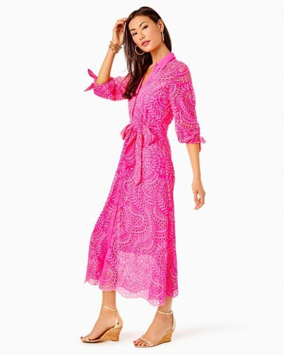 Pre-owned Lilly Pulitzer $348  Amrita Midi Dress Pink Isle Swirly Scalloped Eyelet 2 4